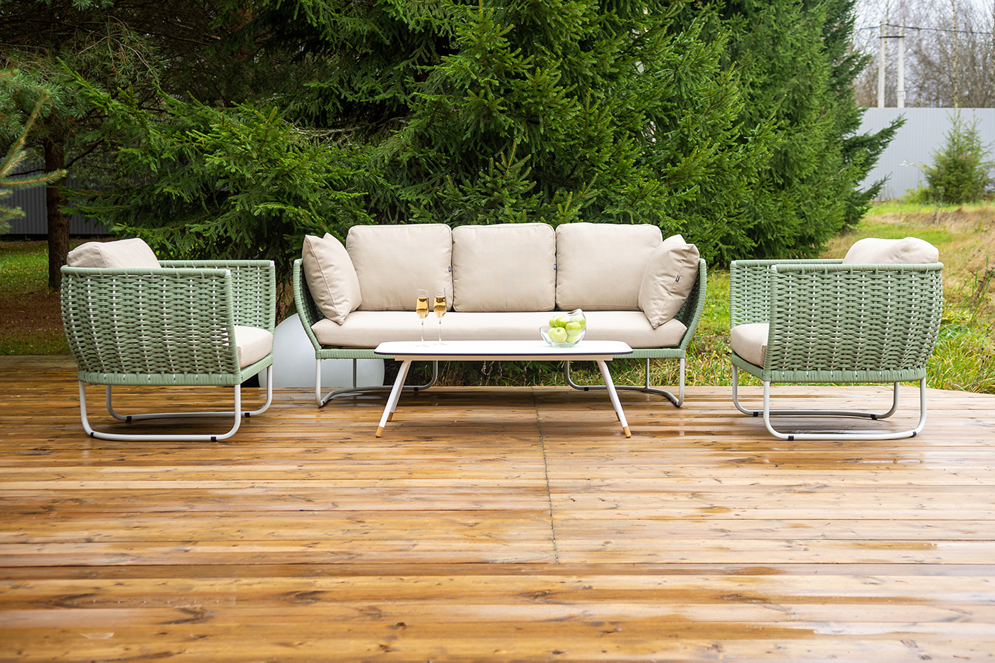 фото "фиджи" лаунж-зона 5-местная плетеная из роупа (веревки), каркас алюминиевый светло-серый, роуп зеленый (4204)