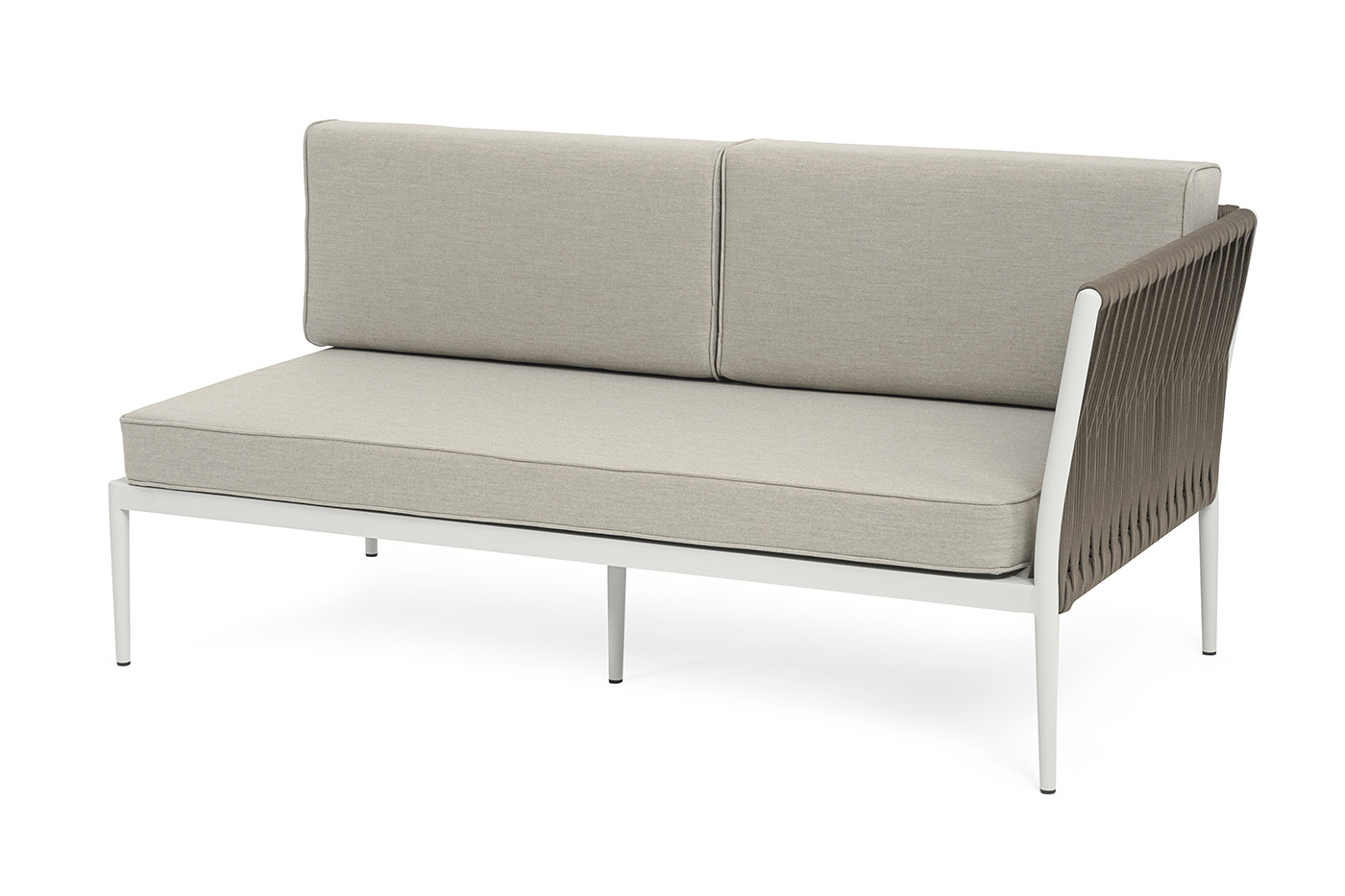 фото "касабланка" левый модуль плетеный из роупа, каркас алюминий светло-серый (ral7035) муар, роуп серо-коричневый 23мм, ткань бежевая 15052