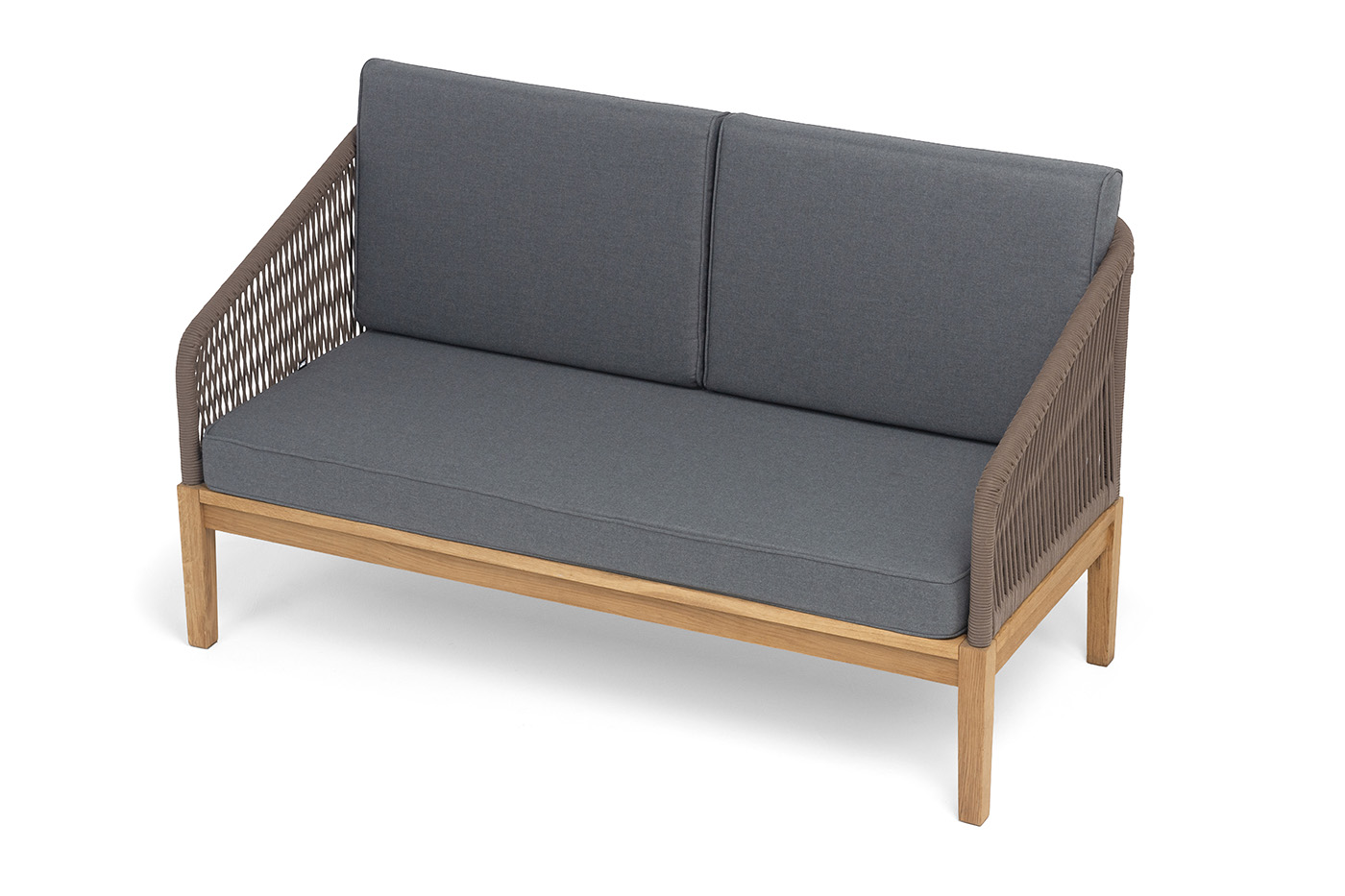 фото "канны" диван 2-местный плетеный из роупа, основание дуб, роуп коричневый круглый, ткань темно-серая 027 new