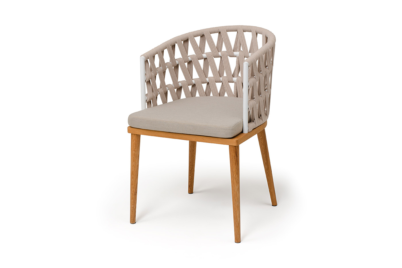 фото "диего" стул плетеный из роупа, основание дуб каркас из стали белый муар, роуп бежевый круглый, ткань бежевая 052