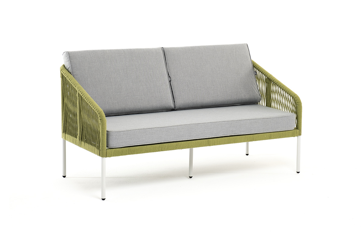 фото "канны" диван 2-местный плетеный из роупа, каркас алюминий светло-серый (ral7035) муар, роуп салатовый меланж круглый, ткань светло-серая