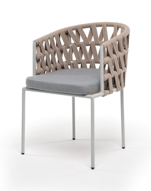 фото "диего" стул плетеный из роупа, каркас из стали светло-серый (ral7035) муар, роуп бежевый круглый, ткань светло-серая