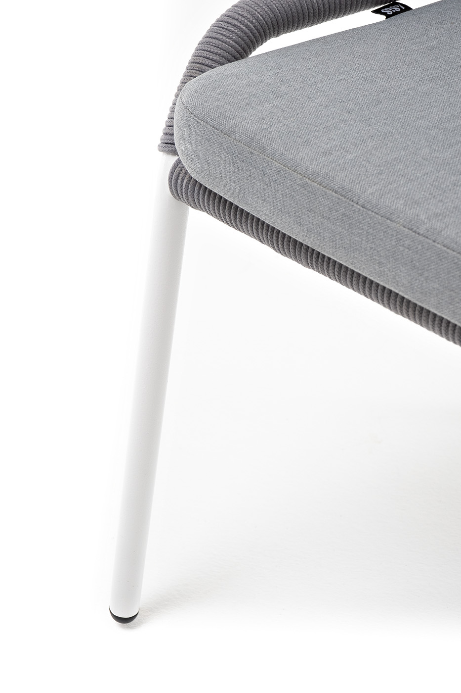 фото "милан" стул плетеный из роупа, каркас алюминий белый муар, роуп светло-серый круглый, ткань светло-серая
