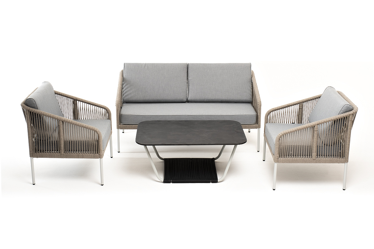 "Канны" лаунж-зона 4-местная из роупа со столом "Глория" (серый гранит), каркас алюминиевый светло-серый, роуп серый меланж фото "канны" лаунж-зона 4-местная из роупа со столом "глория" (серый гранит), каркас алюминиевый светло-серый, роуп серый меланж