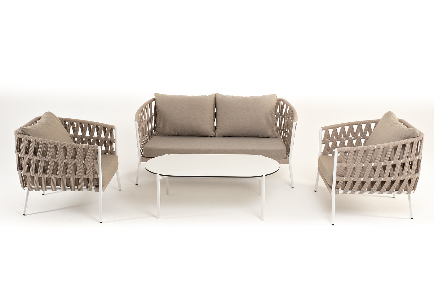 "Диего" лаунж-зона 4-местная плетеная из роупа (веревки), каркас алюминиевый белый, роуп бежевый фото "диего" лаунж-зона 4-местная плетеная из роупа (веревки), каркас алюминиевый белый, роуп бежевый