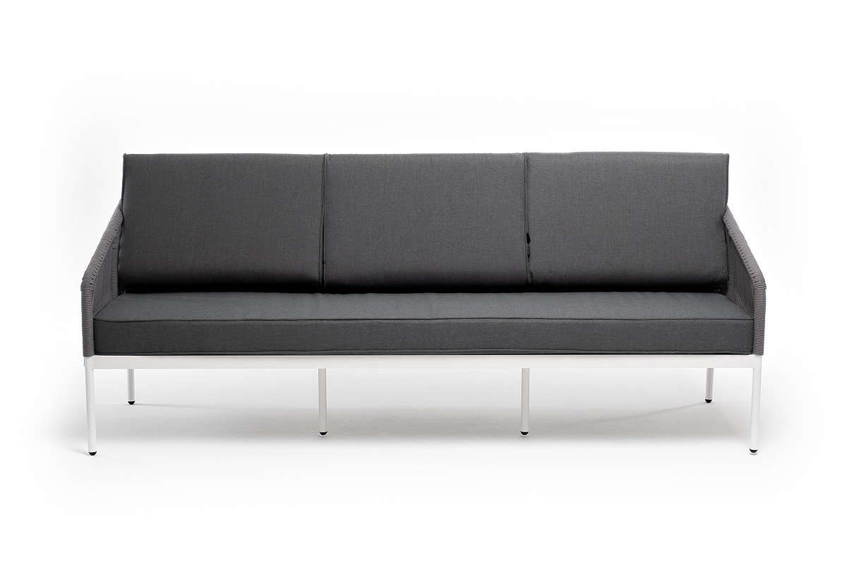 фото "канны" диван 3-местный плетеный из роупа, каркас алюминий белый муар, роуп светло-серый круглый, ткань серая 017