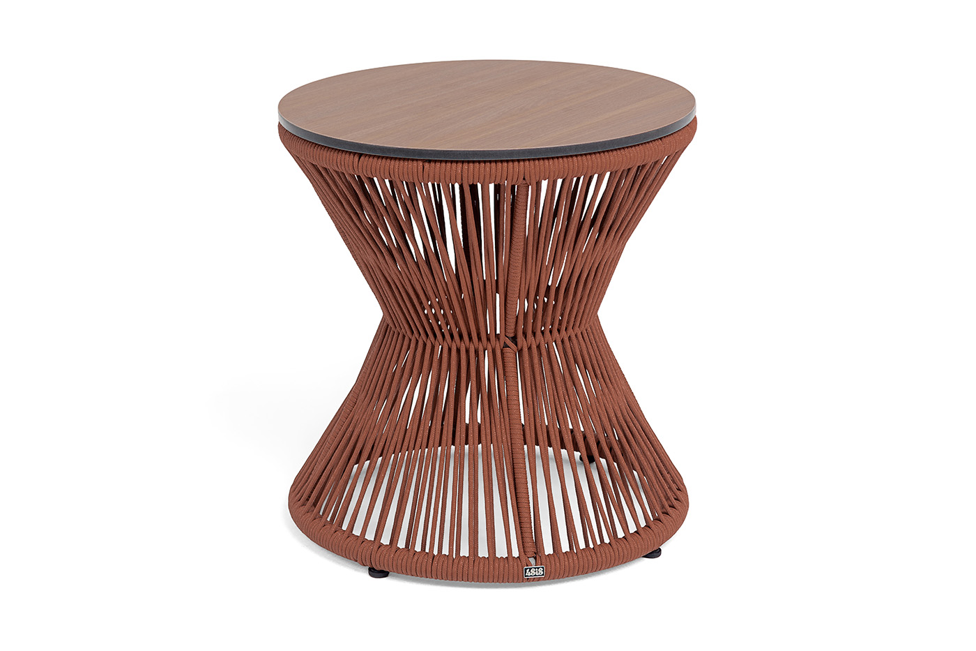 фото "мадрид" журнальный стол из hpl круглый ø50 h55, каркас из алюминия коричневый (ral8016) муар, цвет "дуб", роуп красный (8372) круглый tex