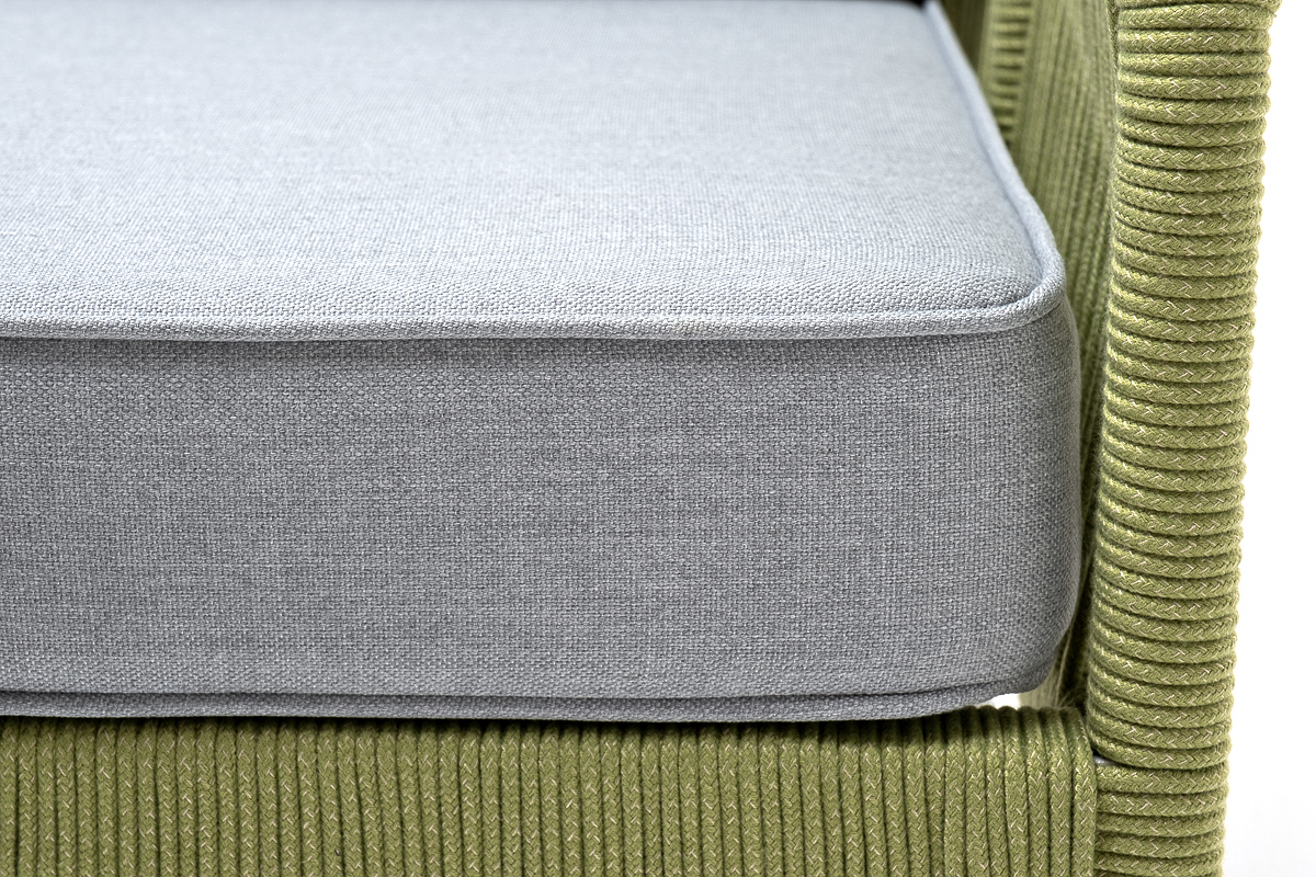 "Канны" кресло плетеное из роупа, каркас алюминий светло-серый (RAL7035) муар, роуп салатовый меланж круглый, ткань светло-серая фото "канны" кресло плетеное из роупа, каркас алюминий светло-серый (ral7035) муар, роуп салатовый меланж круглый, ткань светло-серая
