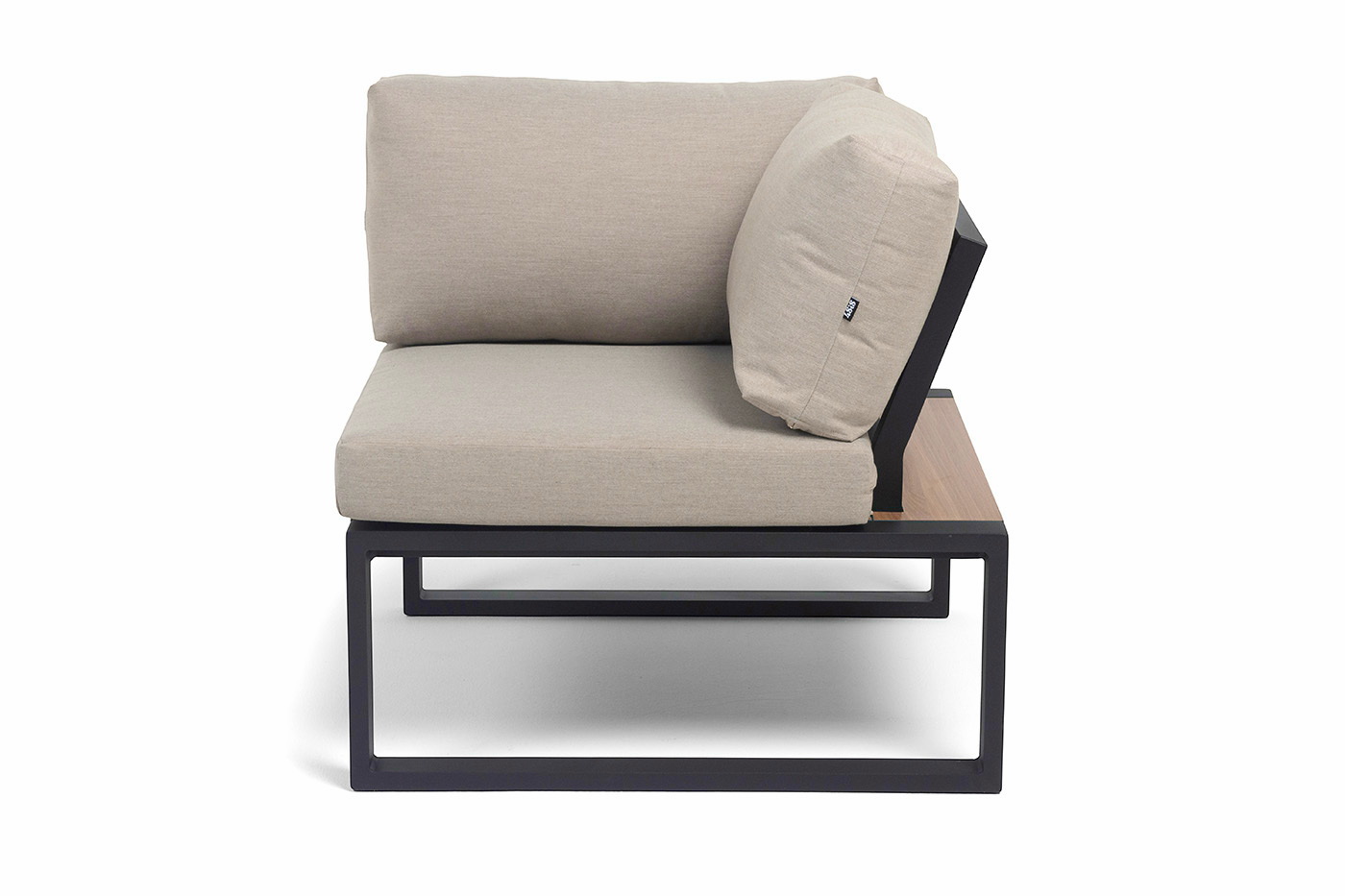 фото "тулон" угловой модуль, каркас алюминий, hpl "дуб", черный муар, ткань бежевая 15052