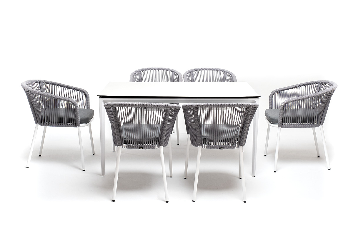 фото "малага" обеденная группа на 6 персон со стульями "марсель", каркас белый, роуп светло-серый
