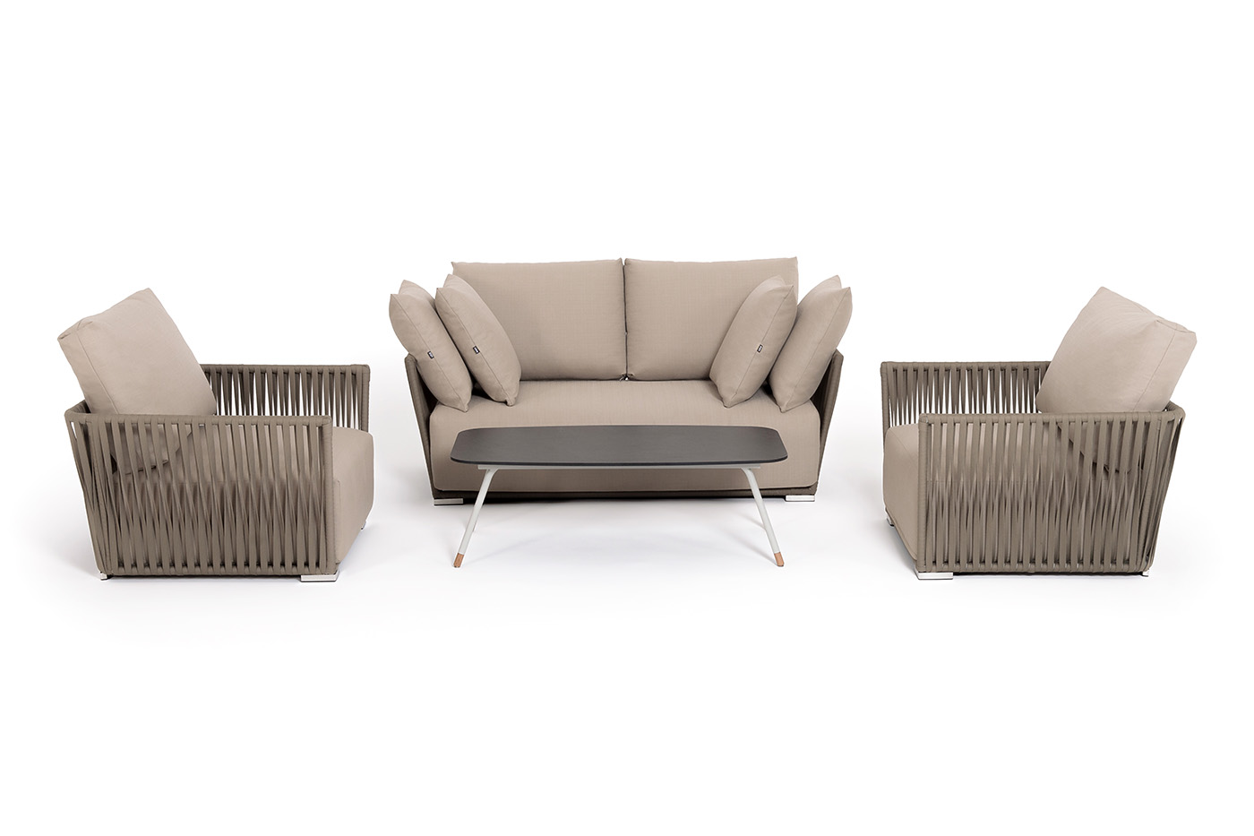 фото "форли" лаунж-зона 4-местная плетеная из роупа (веревки), каркас алюминиевый светло-серый, роуп серо-коричневый