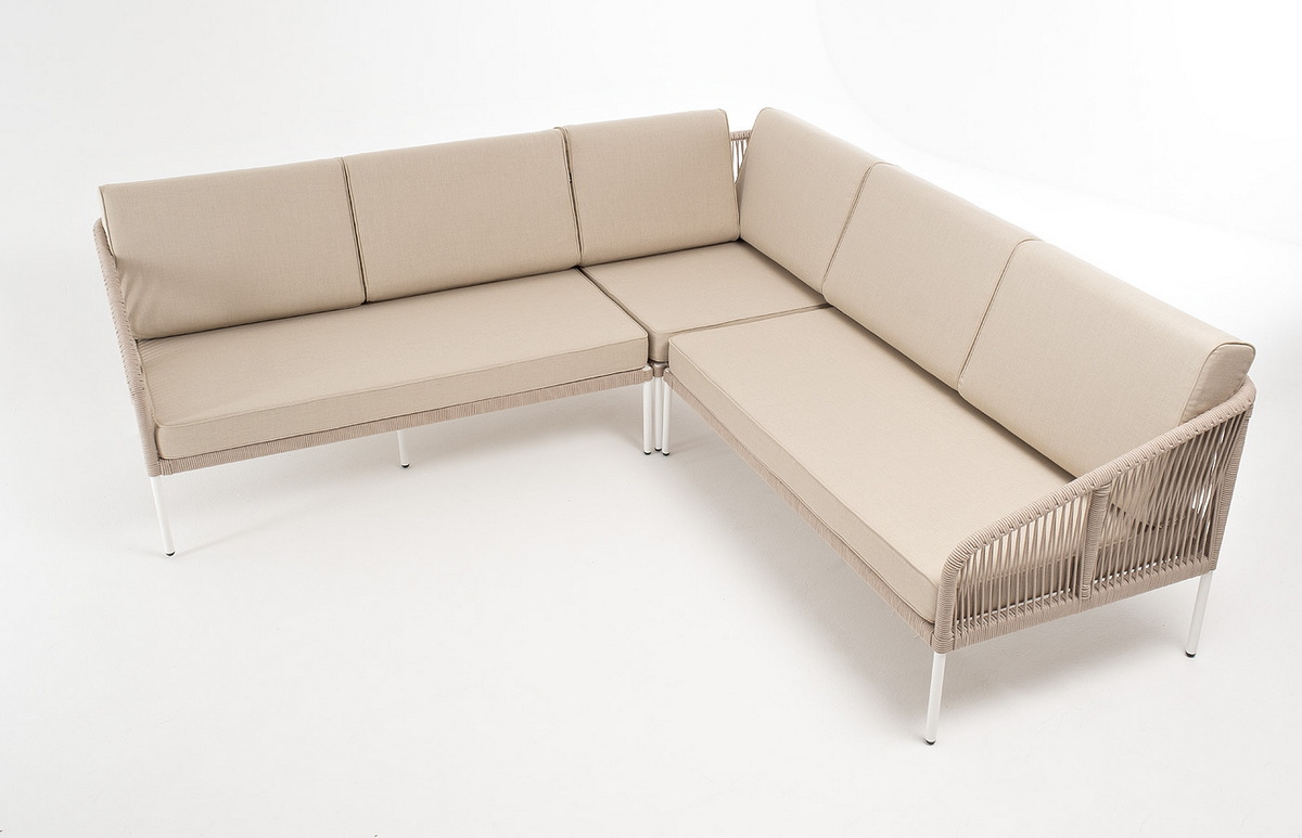 фото "канны" диван модульный плетеный из роупа, каркас алюминий белый, роуп бежевый круглый, ткань бежевая 035