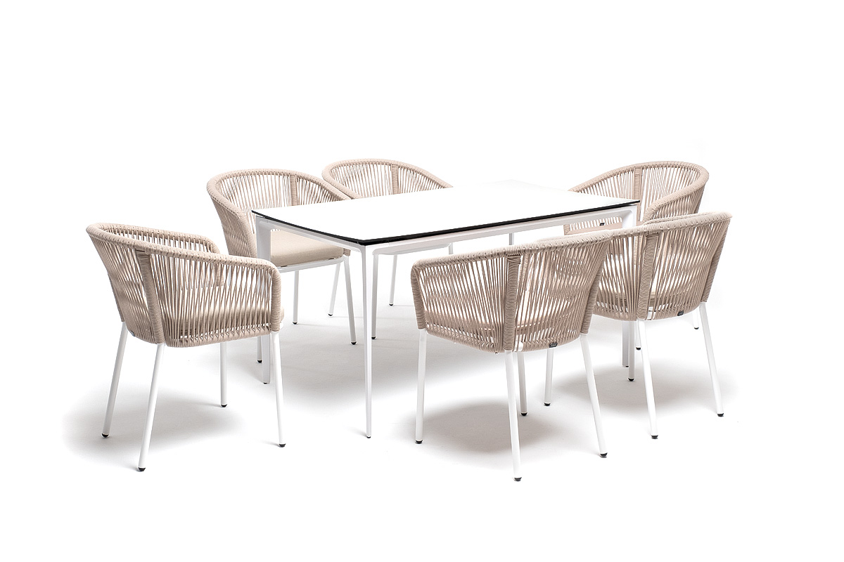 фото "малага" обеденная группа на 6 персон со стульями "марсель", каркас белый, роуп бежевый
