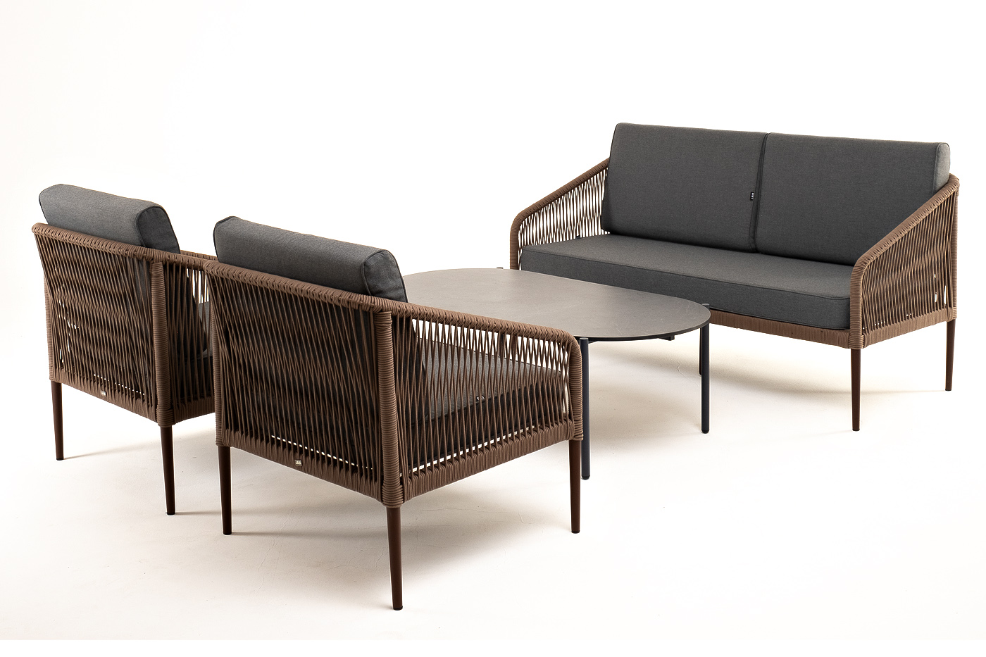 фото "канны" лаунж-зона 4-местная из роупа со столом "верона" (серый гранит), каркас алюминиевый коричневый, роуп коричневый