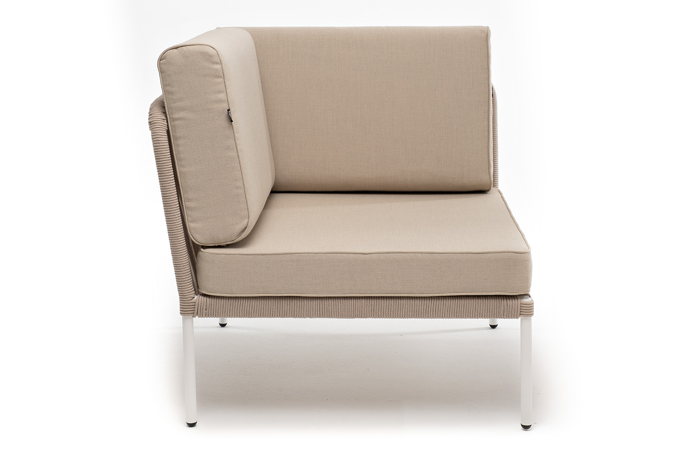 фото "канны" угловой модуль плетеный из роупа, каркас алюминий белый муар, роуп бежевый круглый, ткань бежевая 15052