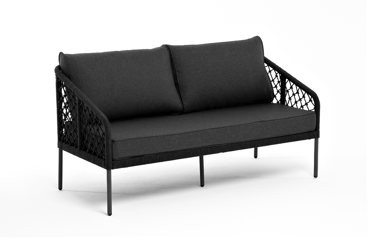фото "канны" диван 2-местный плетеный из роупа (узелки), каркас алюминий темно-серый (ral7024) муар, роуп темно-серый круглый, ткань темно-серая 027