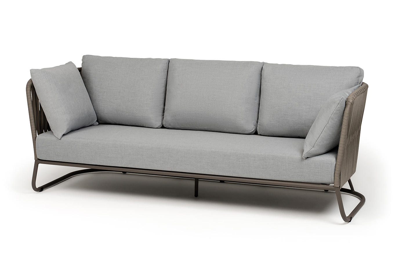 фото "багамы" диван 3-местный плетеный из роупа, каркас алюминий бежево-серый (ral7006) муар, роуп серо-коричневый 23мм, ткань светло-серая