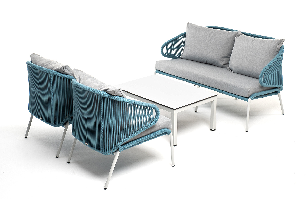 фото "милан" лаунж-зона 4-местная плетеная из роупа (веревки), каркас алюминиевый белый, роуп голубой