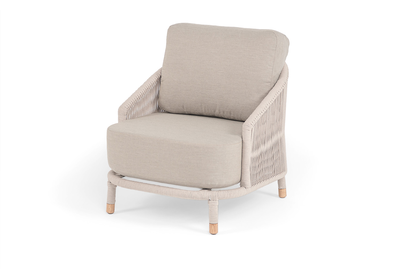 фото "верона" кресло плетеное из роупа, каркас алюминий белый муар, роуп бежевый круглый, ткань бежевая 15052