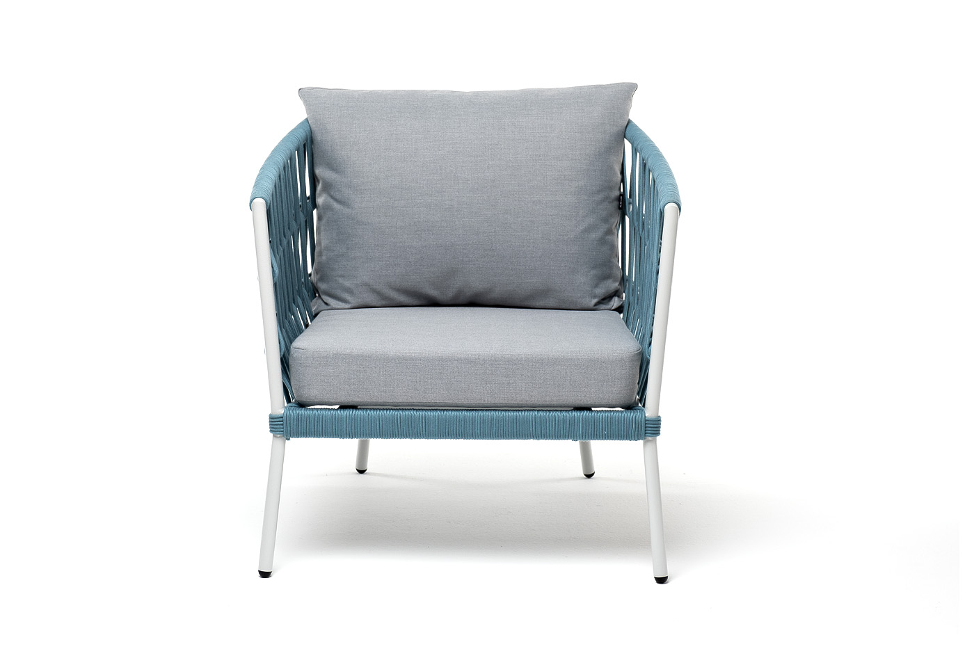 фото "диего" кресло плетеное из роупа, каркас алюминий светло-серый (ral7035) муар, роуп бирюзовый круглый, ткань светло-серая