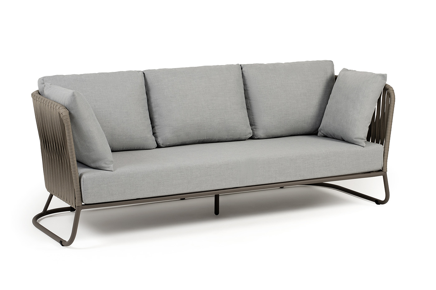 фото "багамы" диван 3-местный плетеный из роупа, каркас алюминий бежево-серый (ral7006) муар, роуп серо-коричневый 23мм, ткань светло-серая