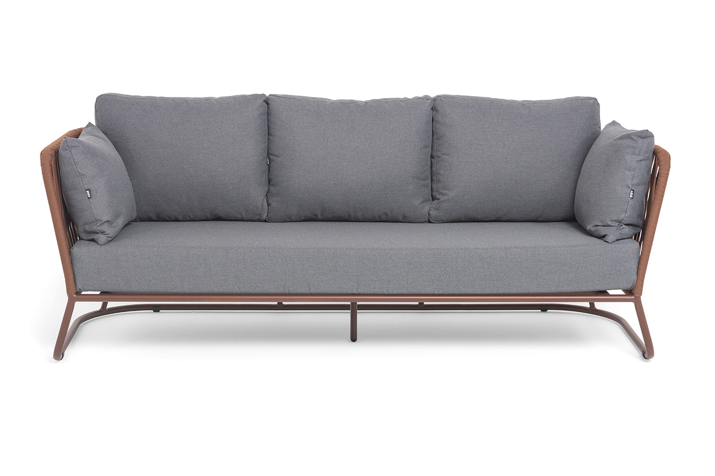 фото "багамы" диван 3-местный плетеный из роупа, каркас алюминий бежево-серый (ral7006) муар, роуп серо-коричневый 23мм, ткань светло-серая