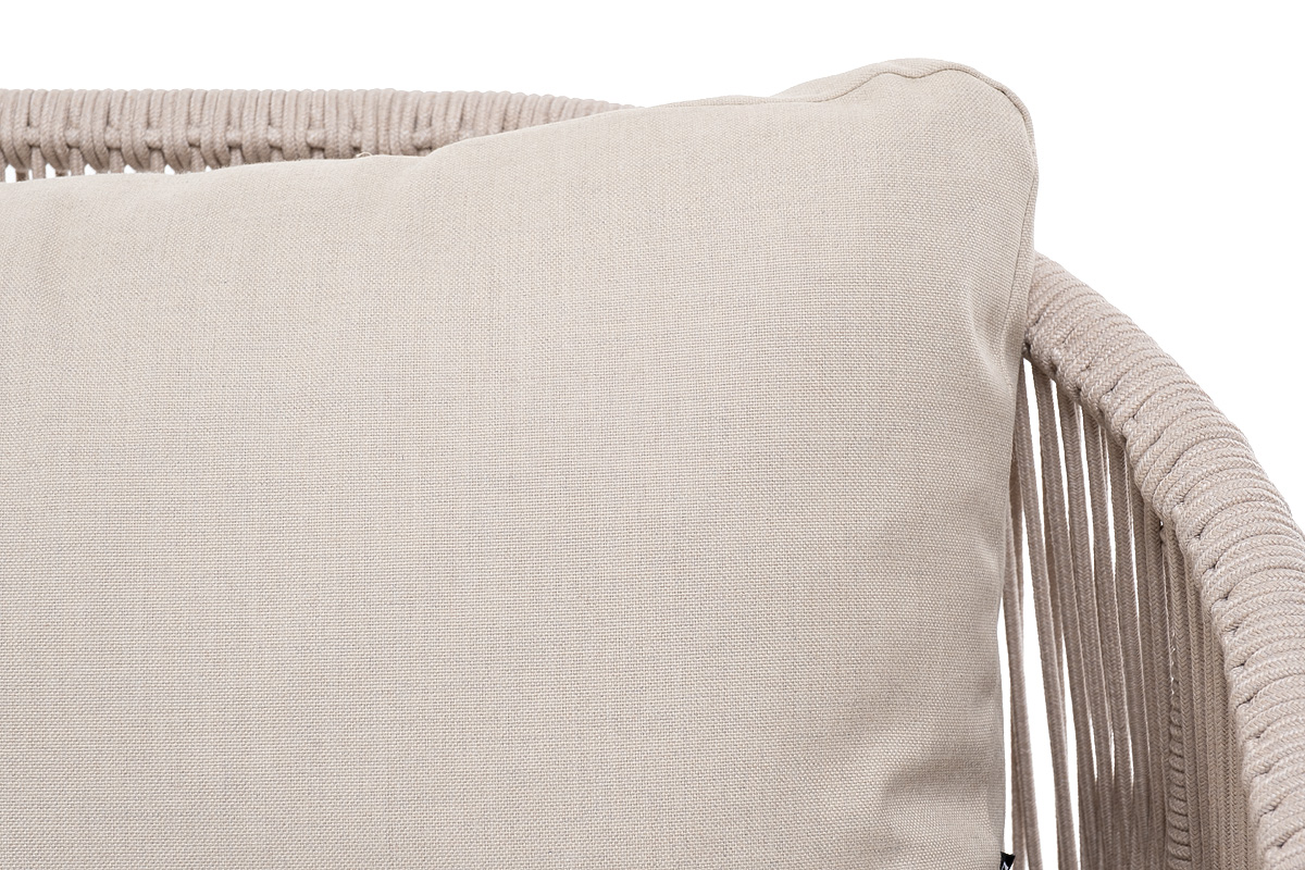 фото "милан" диван 3-местный плетеный из роупа, каркас алюминий белый муар, роуп бежевый круглый, ткань бежевая 15052