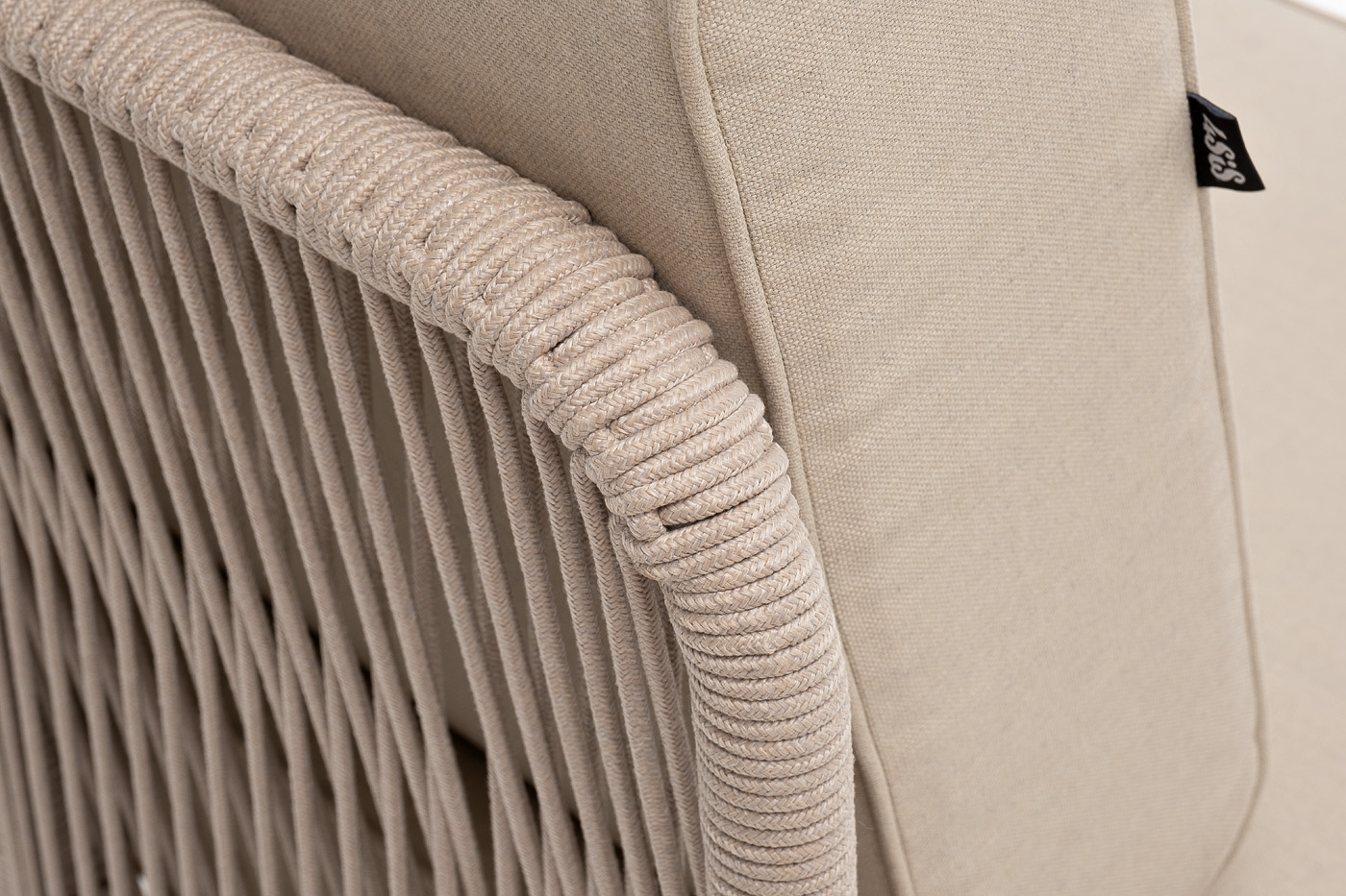 фото "канны" угловой модуль плетеный из роупа, каркас алюминий белый муар, роуп бежевый круглый, ткань бежевая 15052