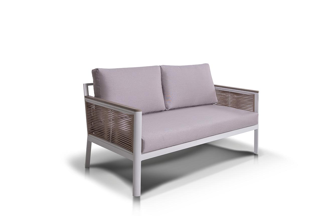 фото "сан ремо" диван 2-местный плетеный из роупа, каркас алюминий белый, роуп бежевый, ткань бежевая